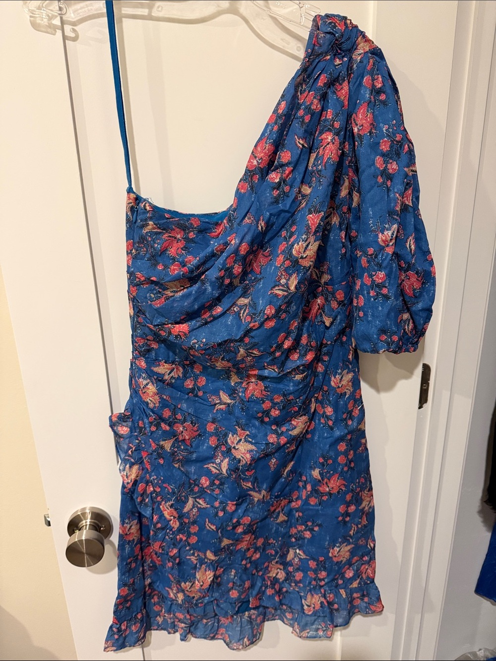 Blue Floral One-Shoulder Puff-Sleeve Dress